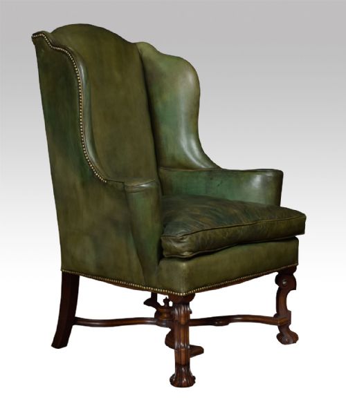 William and Mary Style Leather Upholstered Wingback Armchair