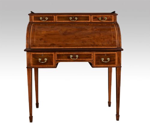 Edwardian Mahogany and Satinwood Cross Banded Cylinder Top Desk by Maple & Co