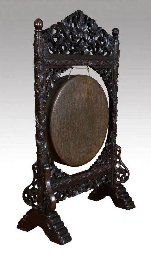19th Century Chinese Gong on Carved Hardwood Stand