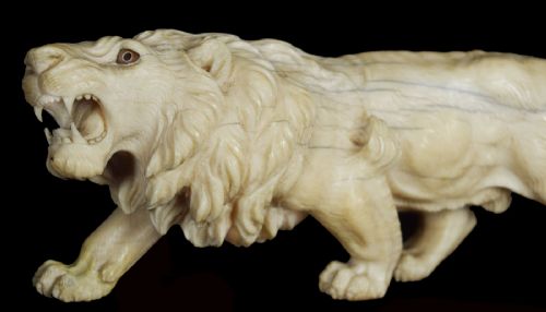 Japanese Carved Ivory Lion on Custom Rosewood Base