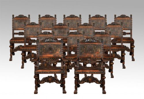 Set of Fourteen Baroque Style Walnut Dining Chairs