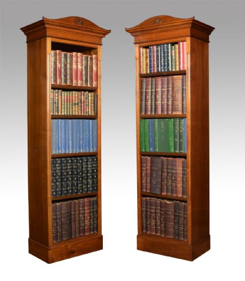 Pair of Tall Walnut Narrow Open Bookcases