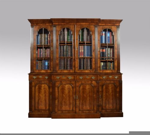 Queen Anne Revival Walnut Four Door Breakfront Bookcase