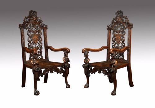 Pair of 19 Century Carved Oak Armorial Armchairs