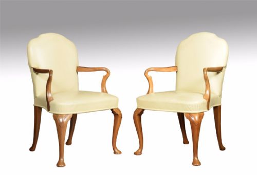 Pair of Walnut Queen Ann Leather Armchairs