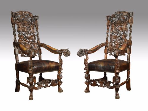 Monumental Pair of Victorian Carved Oak Throne Armchairs