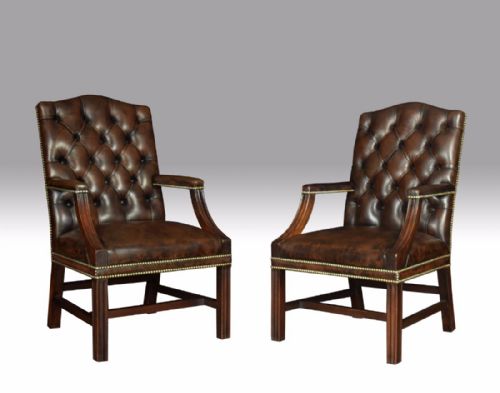 Pair Georgian Style Leather Gainsborough Library Chairs