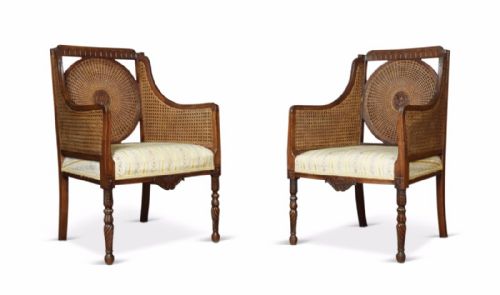 Early 20th Century Pair of Double Caned Bergere Armchairs