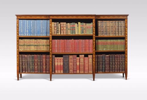 Edwardian Mahogany Satinwood Banded and Marquetry Open Bookcase
