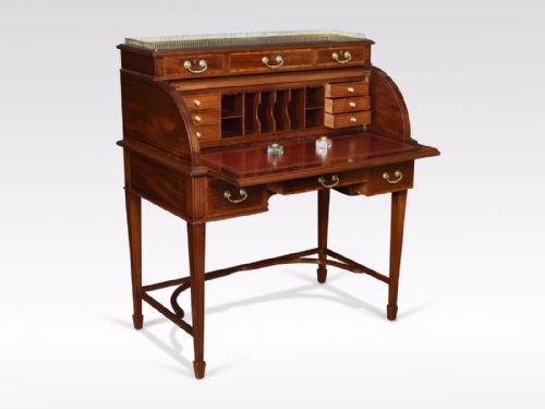 Edwardian Mahogany and Satinwood Inlaid Cylinder Desk