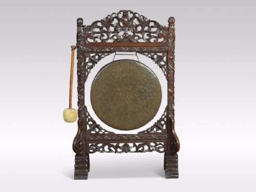 Chinese Gong on Carved Rosewood Stand