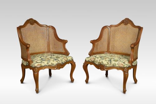 Pair of Louis XV Style Double Caned Bergere Armchairs