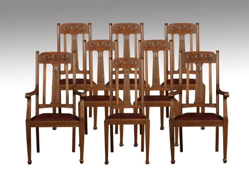 Set of Eight Oak Arts and Crafts Dining Chairs