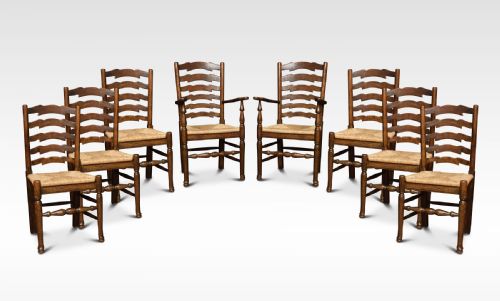 Set of Eight Oak Ladder Back Dining Chairs