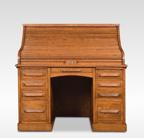 Oak Pedestal Roll Top Desk by Cutler