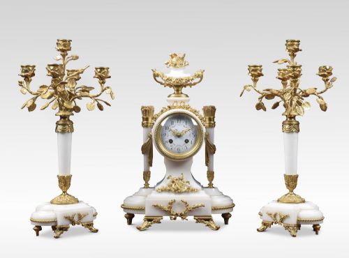 White Marble and Gilt Metal Mounted Clock Set
