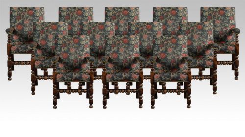 Set of Twelve Jacobean Oak Dining Chairs