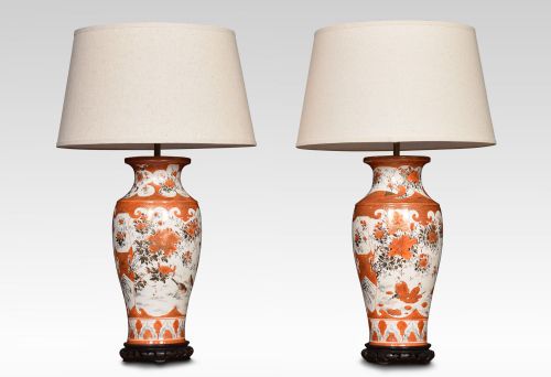 Pair of Japanese Porcelain Orange Ground Vases Lamps