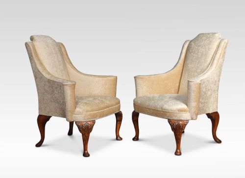 Pair of Queen Ann Style Wing Armchairs
