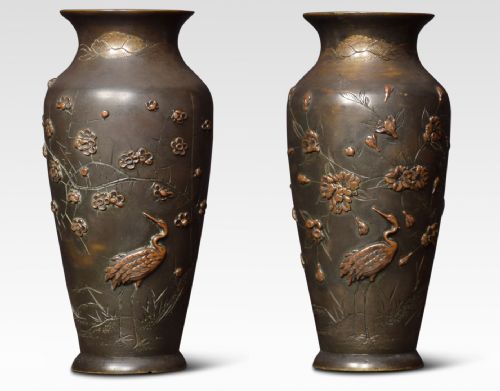 Pair of Japanese Bronze and Mixed Metal Vases