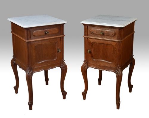 Pair of Oak Marble Top Bedside Cabinets