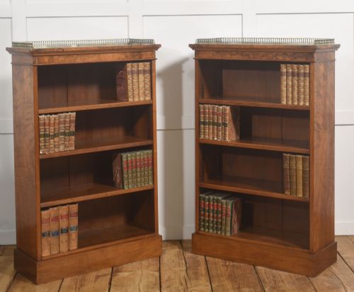 Pair of Burr Walnut Open Bookcases with Brass Galleries