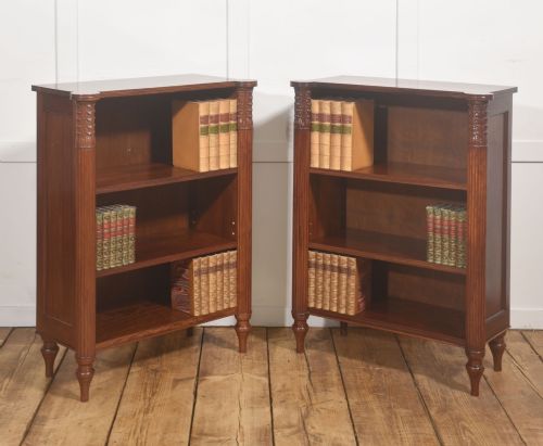 Pair of Carved Mahogany Open Bookcases