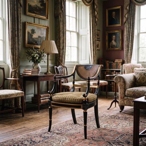 fig 1. A Regency style ebonised and parcel-gilt open armchair featuring a curved cane backrest with painted medallion detail, sweeping arms, and a patterned gold upholstered cushion.
