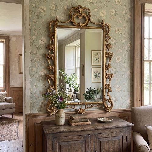 fig 1. A rectangular wall mirror with a bevelled glass edge framed in elaborate carved gold giltwood featuring scrolls and acanthus motifs.