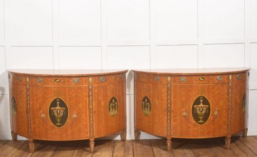 Pair of Sheraton Revival Painted Satinwood Demi-lune Cabinets