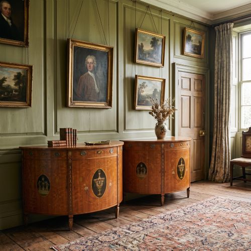 fig 1. A pair of golden satinwood demi-lune cabinets featuring central hand-painted oval urn motifs and tapered legs.