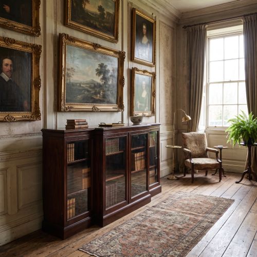 fig 1. A 19th-century mahogany breakfront library bookcase featuring four glass-panelled doors, adjustable interior shelving, and a moulded cornice.