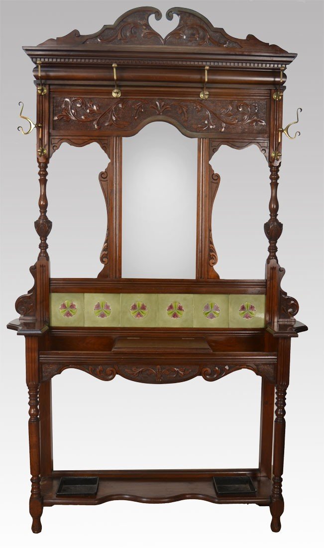 walnut arts and crafts tiled back hall stand 