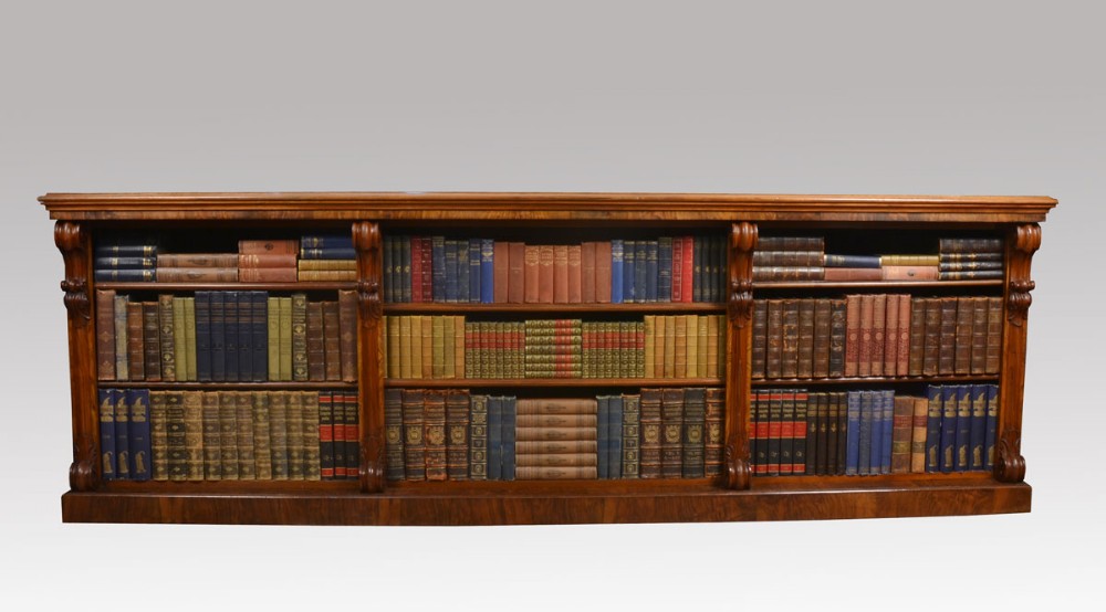 Large Victorian figured walnut dwarf open bookcase 