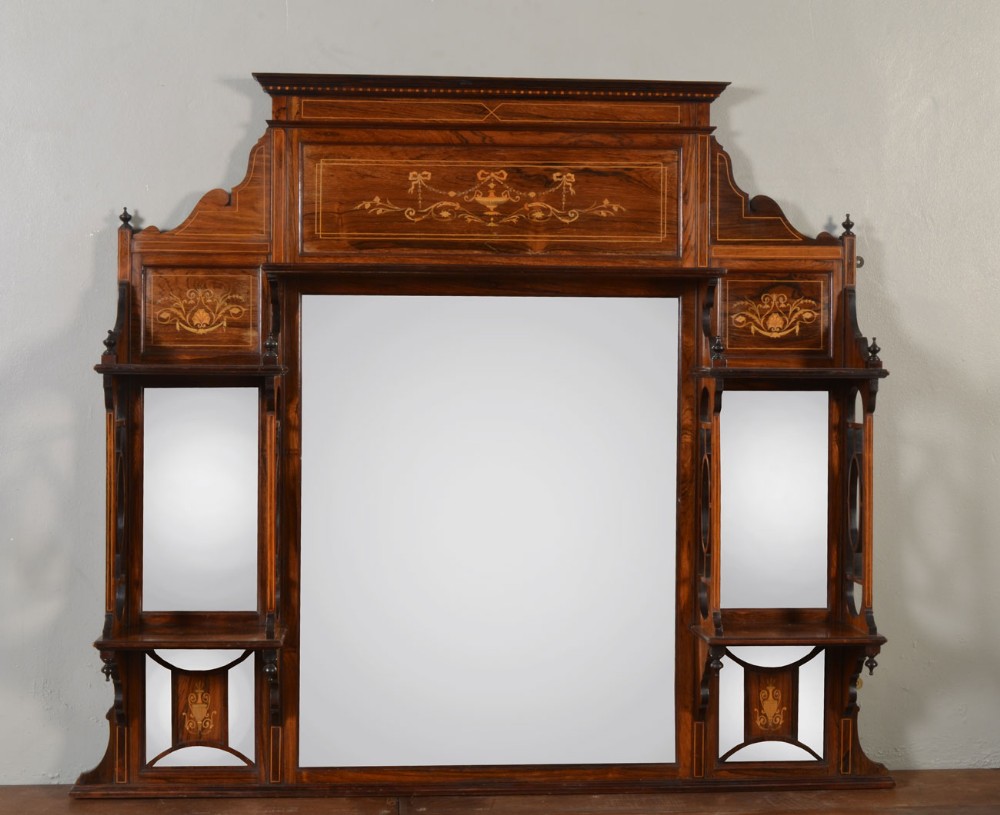 Rosewood and Marquetry Inlaid Over-Mantle Mirror