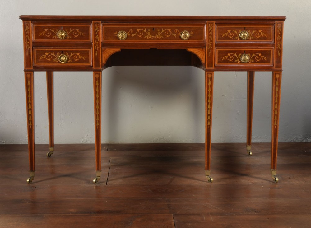 Late Victorian mahogany satinwood banded and marquetry desk by Edwards and Roberts