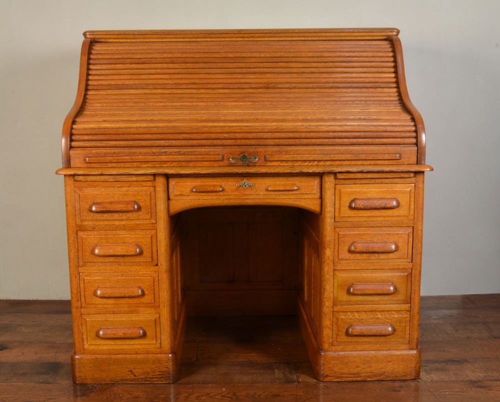 Oak pedestal roll top desk 