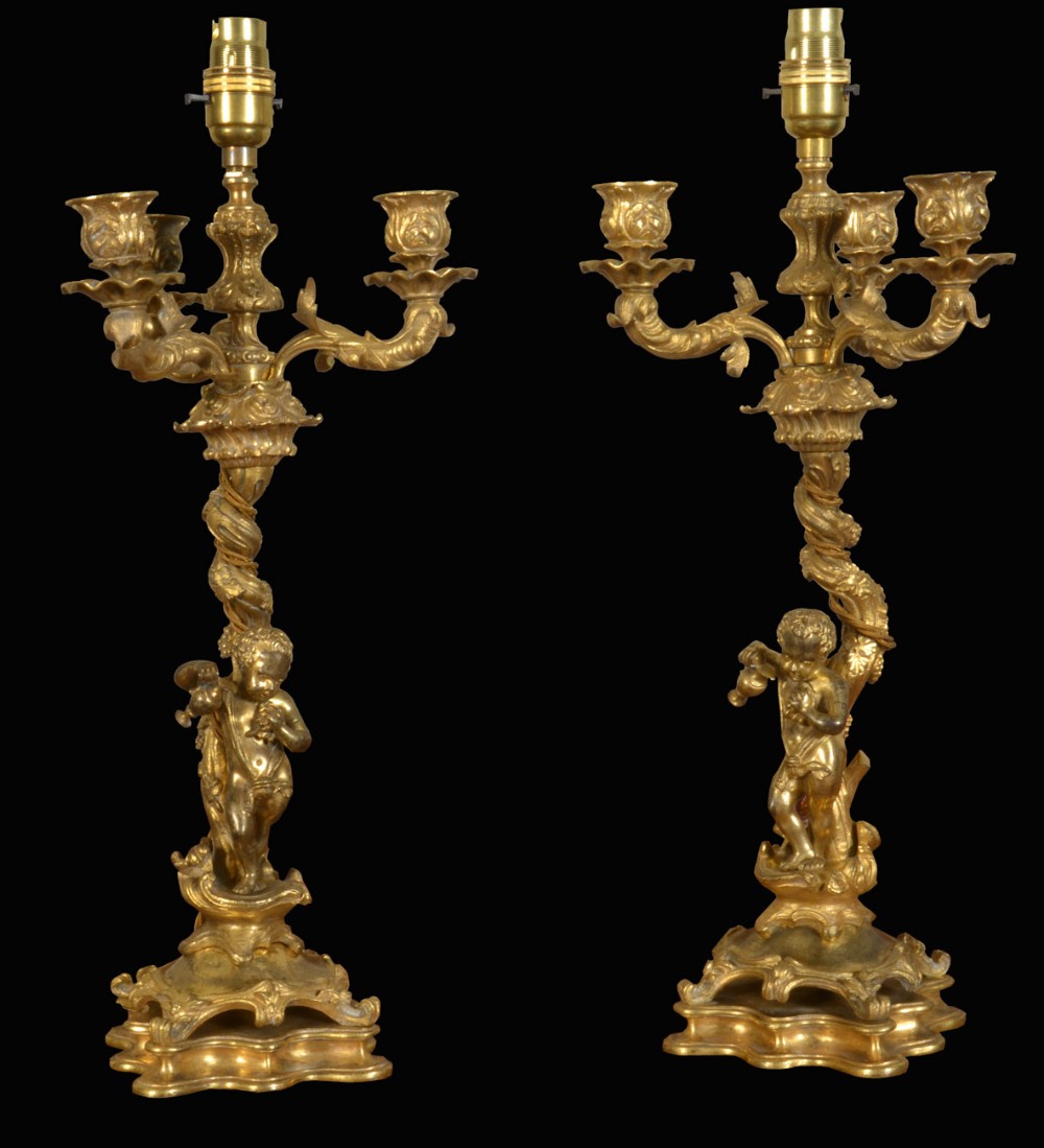 Pair French Louis XVI Style Bronze Putti Candelabra Table Lamps
