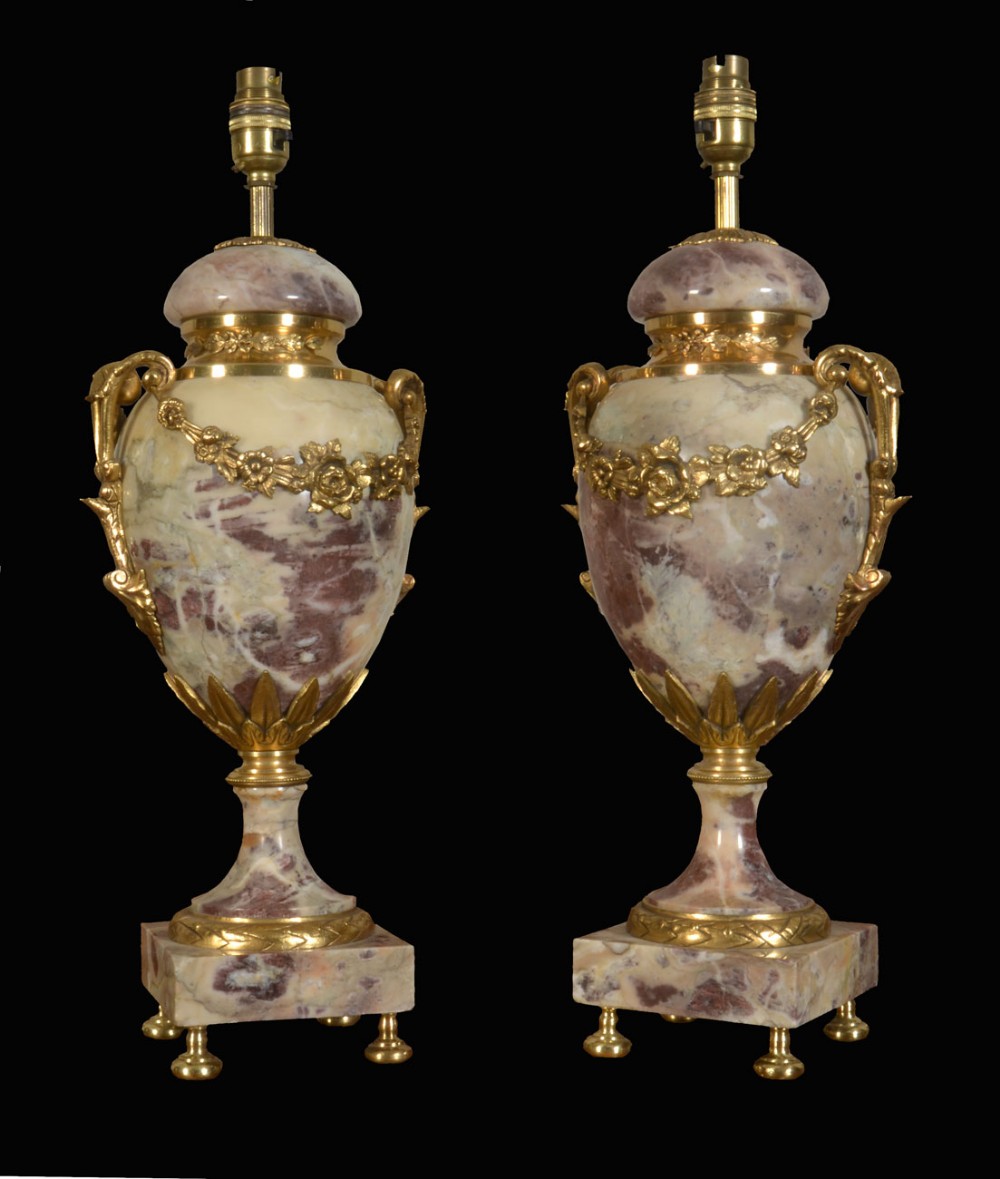 Pair of white and purple veined marble table lamps 