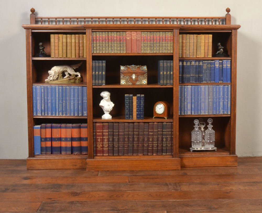 Large oak breakfront open bookcase