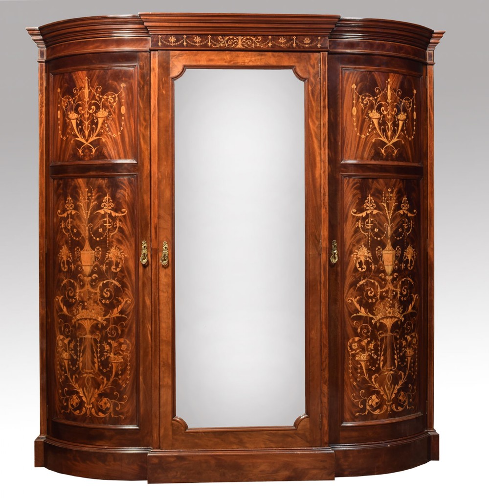 Mahogany three door inlaid wardrobe by Maple & Co
