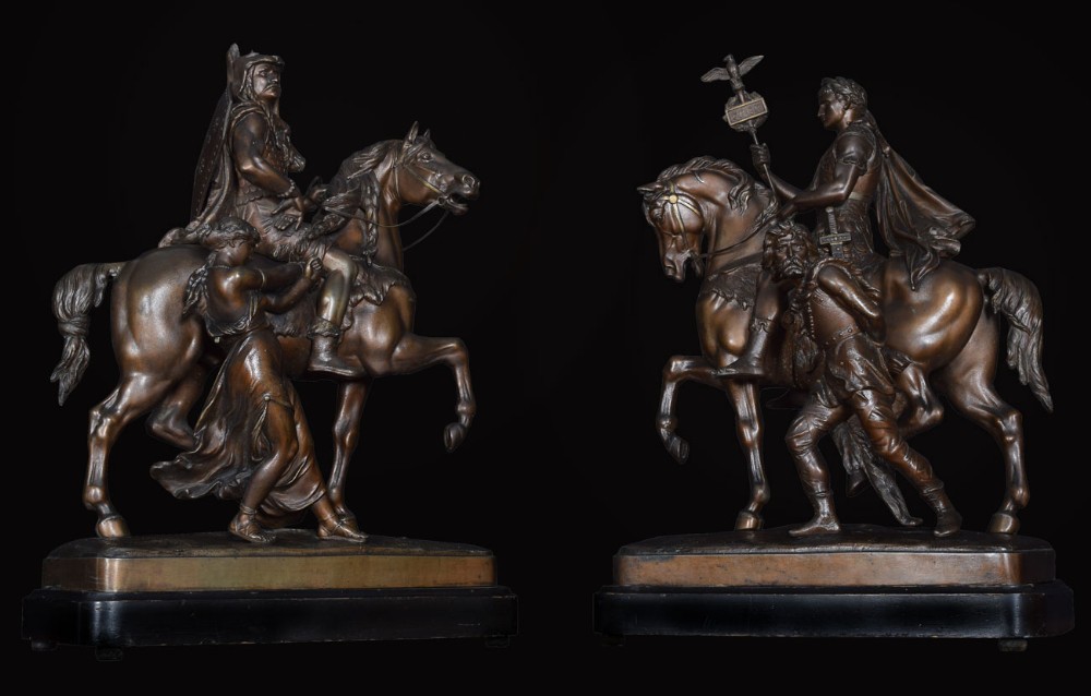 Large pair of late 19th century bronzed spelter figures on horseback
