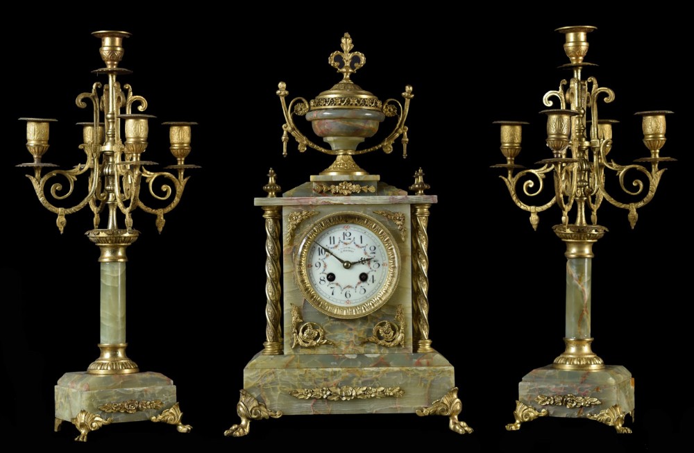 19th century French onyx and gilt metal clock set