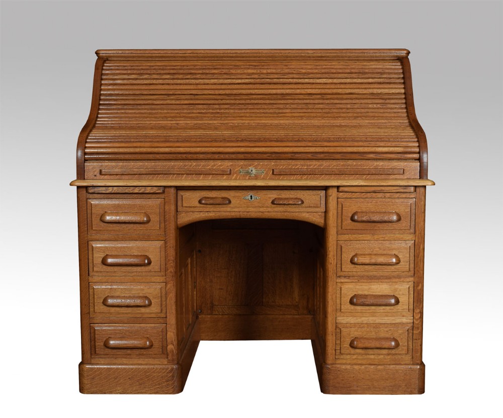 Oak pedestal roll top desk