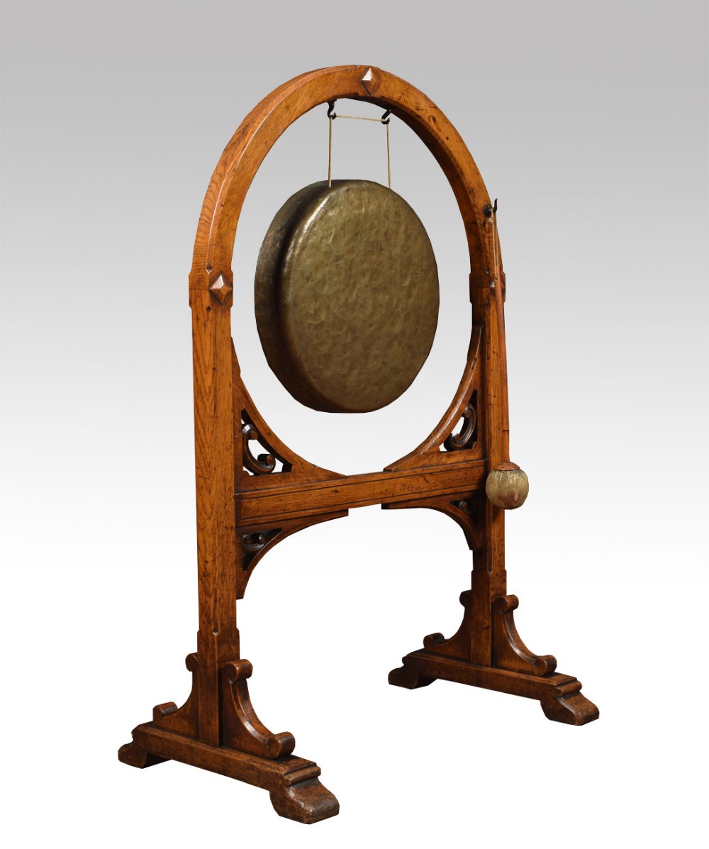 Victorian gothic brass and oak gong