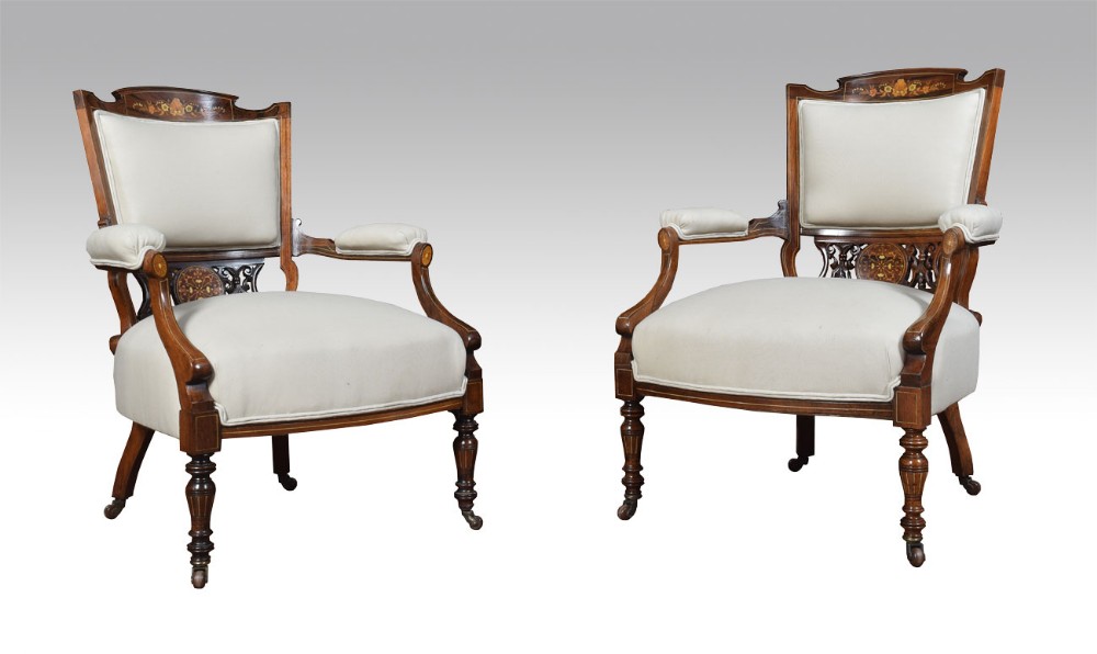 Pair Edwardian inlaid rosewood armchairs