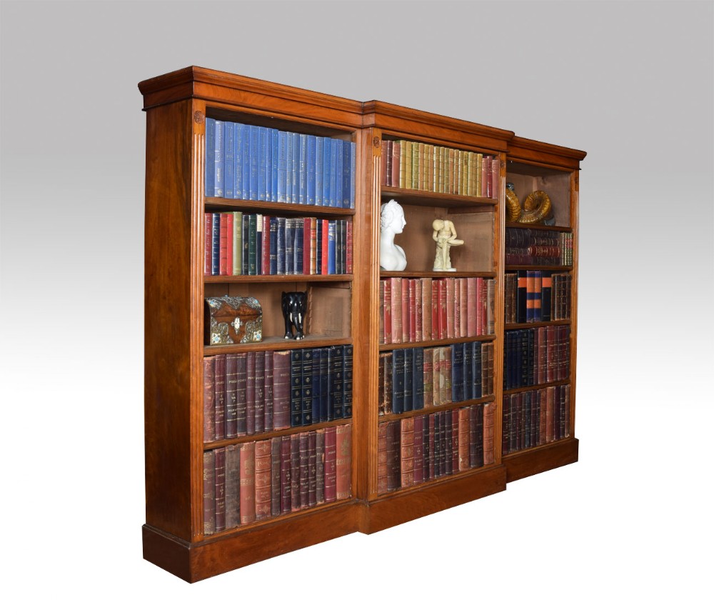 Large walnut breakfront open bookcase