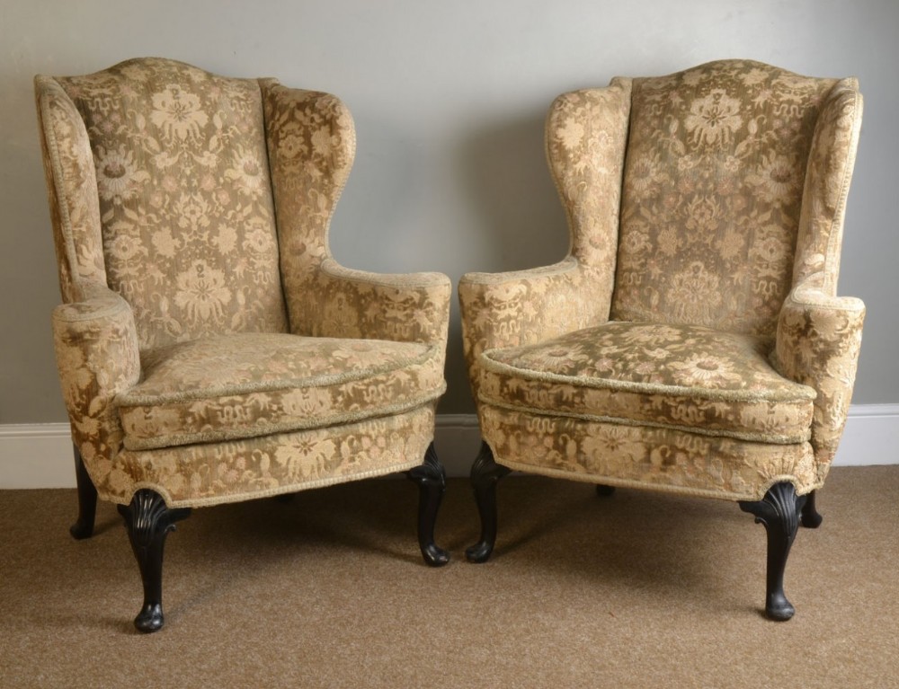 Pair of George I style wing armchairs