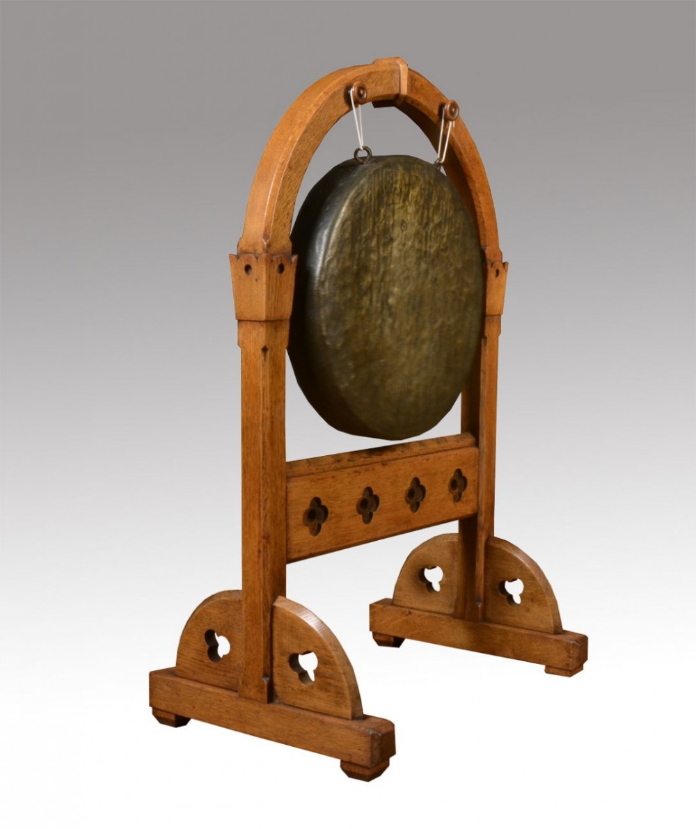 Victorian gothic brass and oak gong