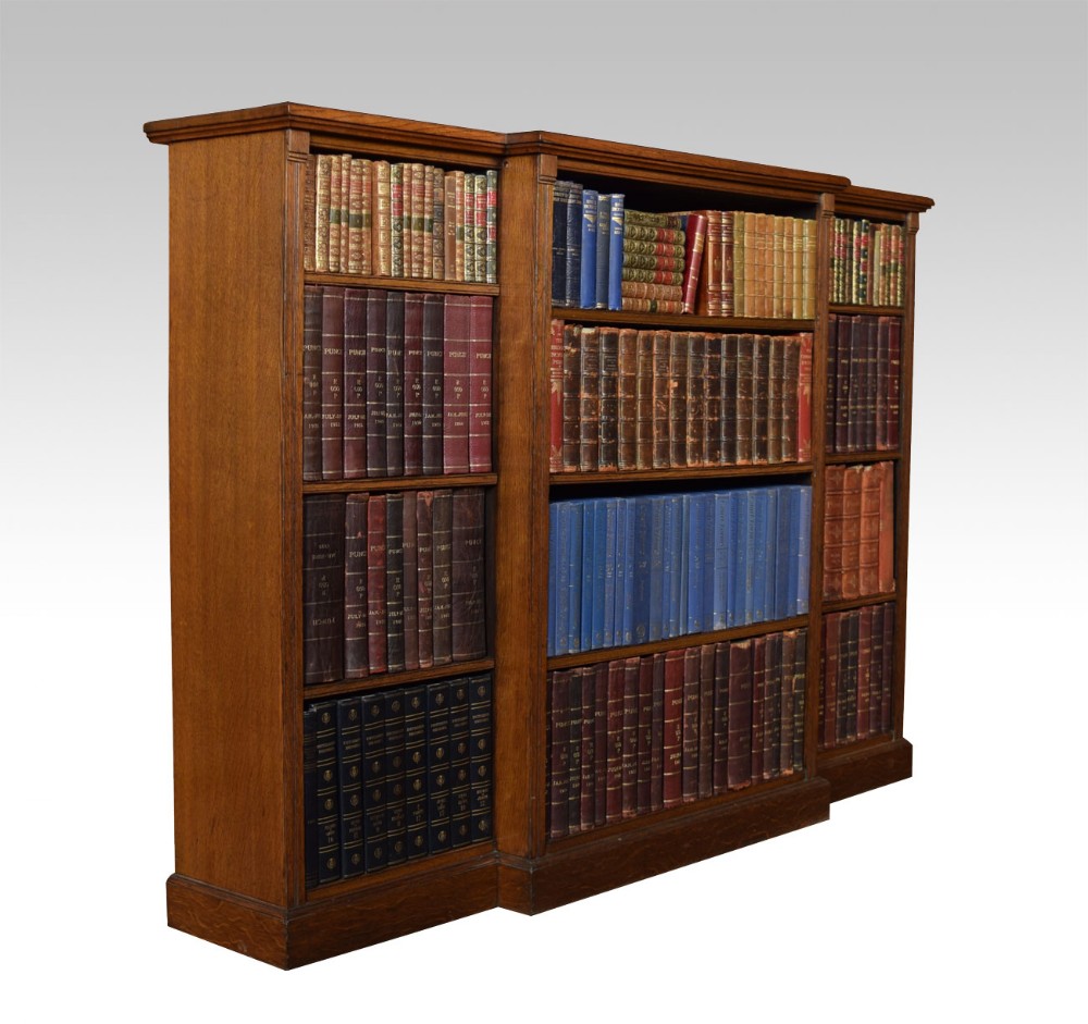 Large oak breakfront open bookcase